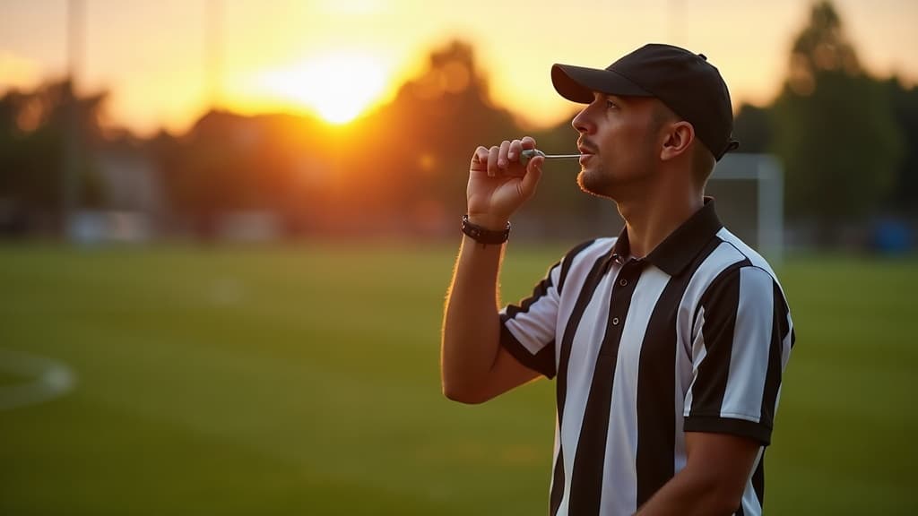 Referee in a black and white striped uniform on the field