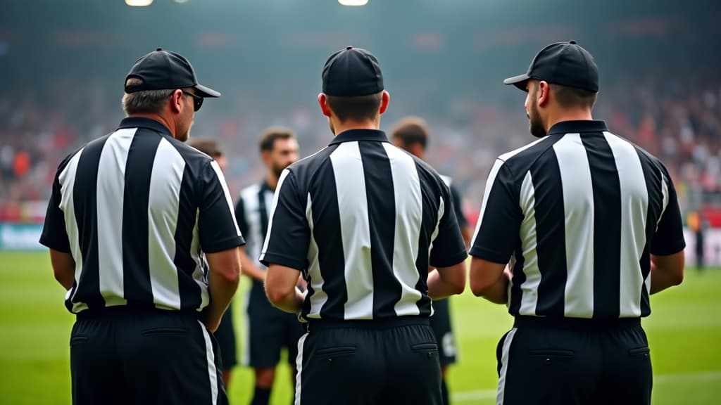 FairPlay referee crew in a pre-game huddle on the sideline under stadium lights