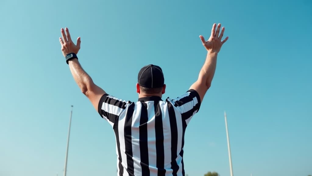 Referee in a black and white striped uniform on the field