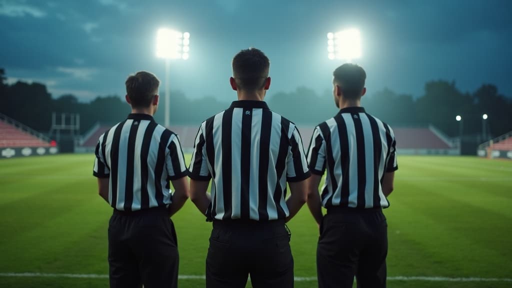 Referee crew in black and white striped uniforms standing on a football field under stadium lights